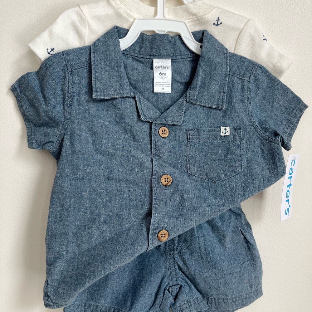 Carter's 100% cotton Button Shirt, Short Set with Anchors bodysuit 6months NWT